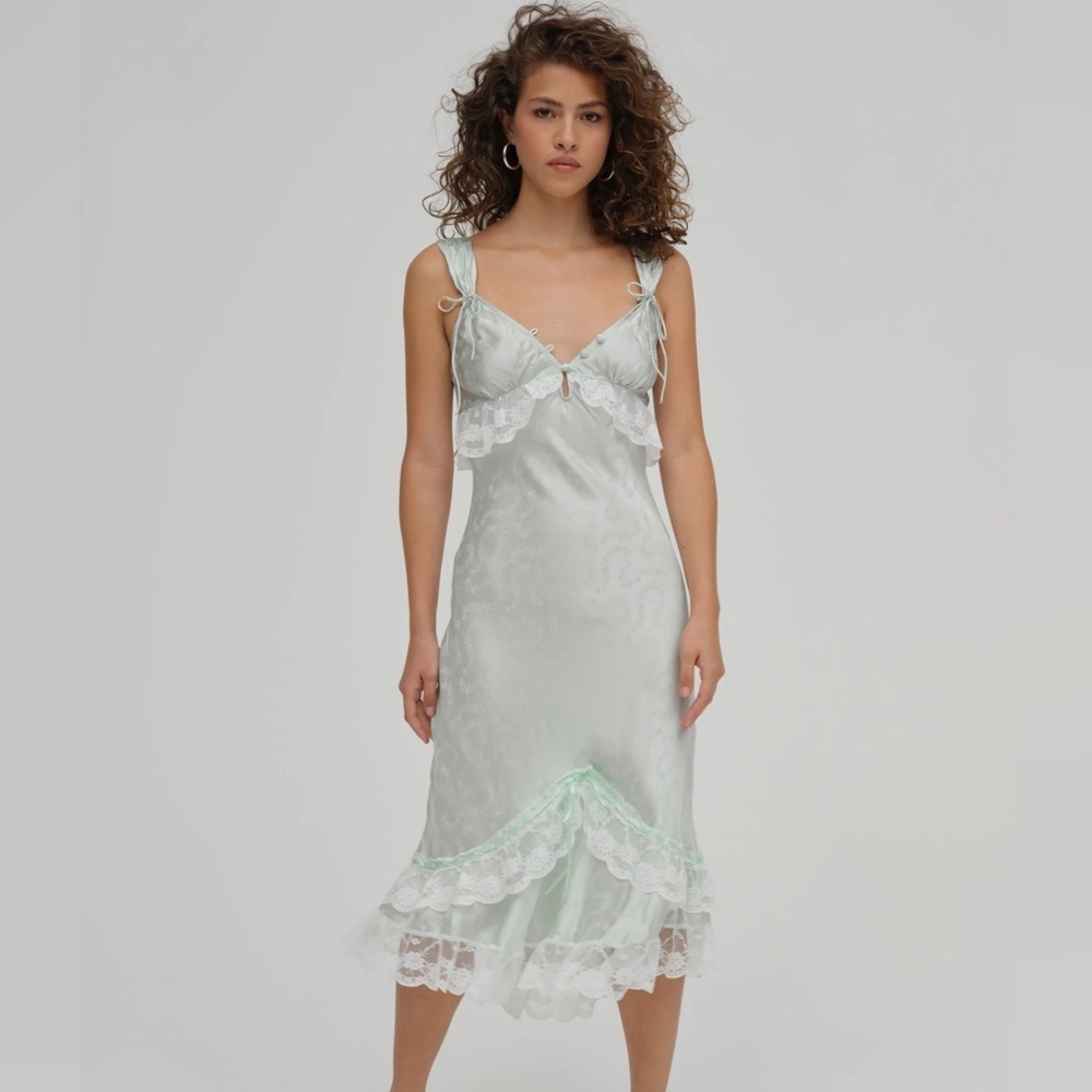 NWT FOR LOVE AND LEMONS Mint Twist Jacquard Midi Slip Dress Sz L